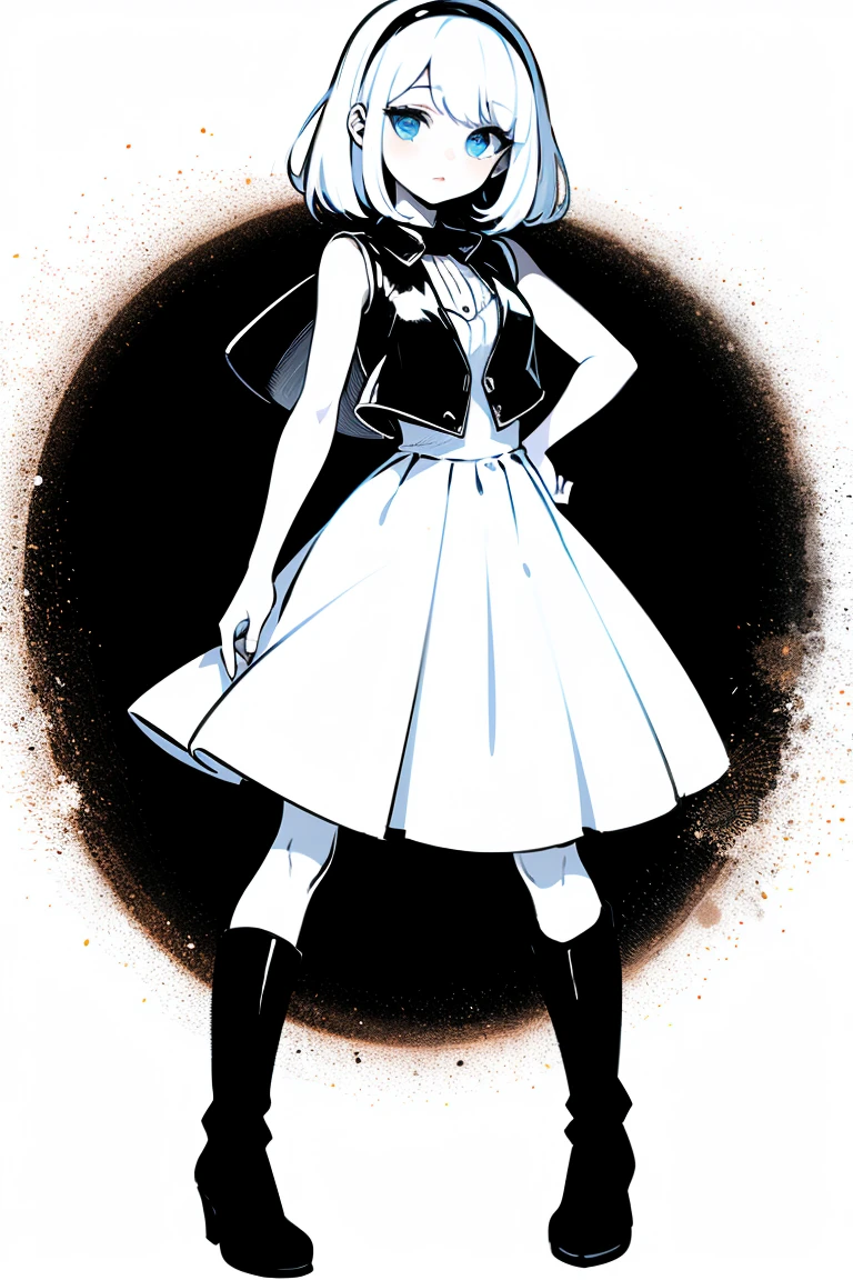 (clipart:1.3), (Alice in wonderland) mature, adult, white hair, (black leather_vest:1.3) (Black boots, headband) solo, full body, (white pleated sundress), headband, high contrast, clipart