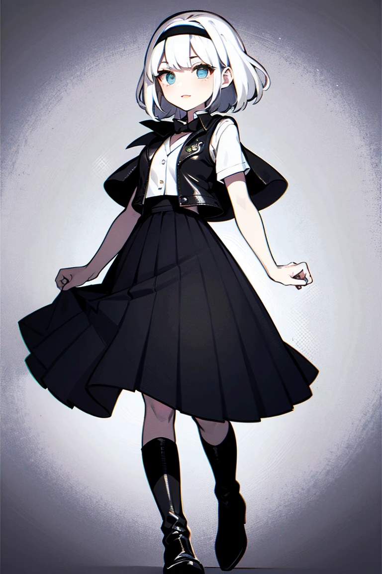 (clipart:1.3), (Alice in wonderland) mature, adult, white hair, (black leather_vest:1.3) (Black boots, headband) solo, full body, (white pleated sundress), headband, high contrast, clipart