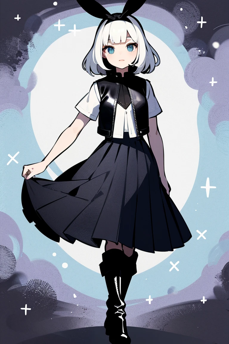 (clipart:1.3), (Alice in wonderland) mature, adult, white hair, (black leather_vest:1.3) (Black boots, headband) solo, full body, (white pleated sundress), headband, high contrast, clipart