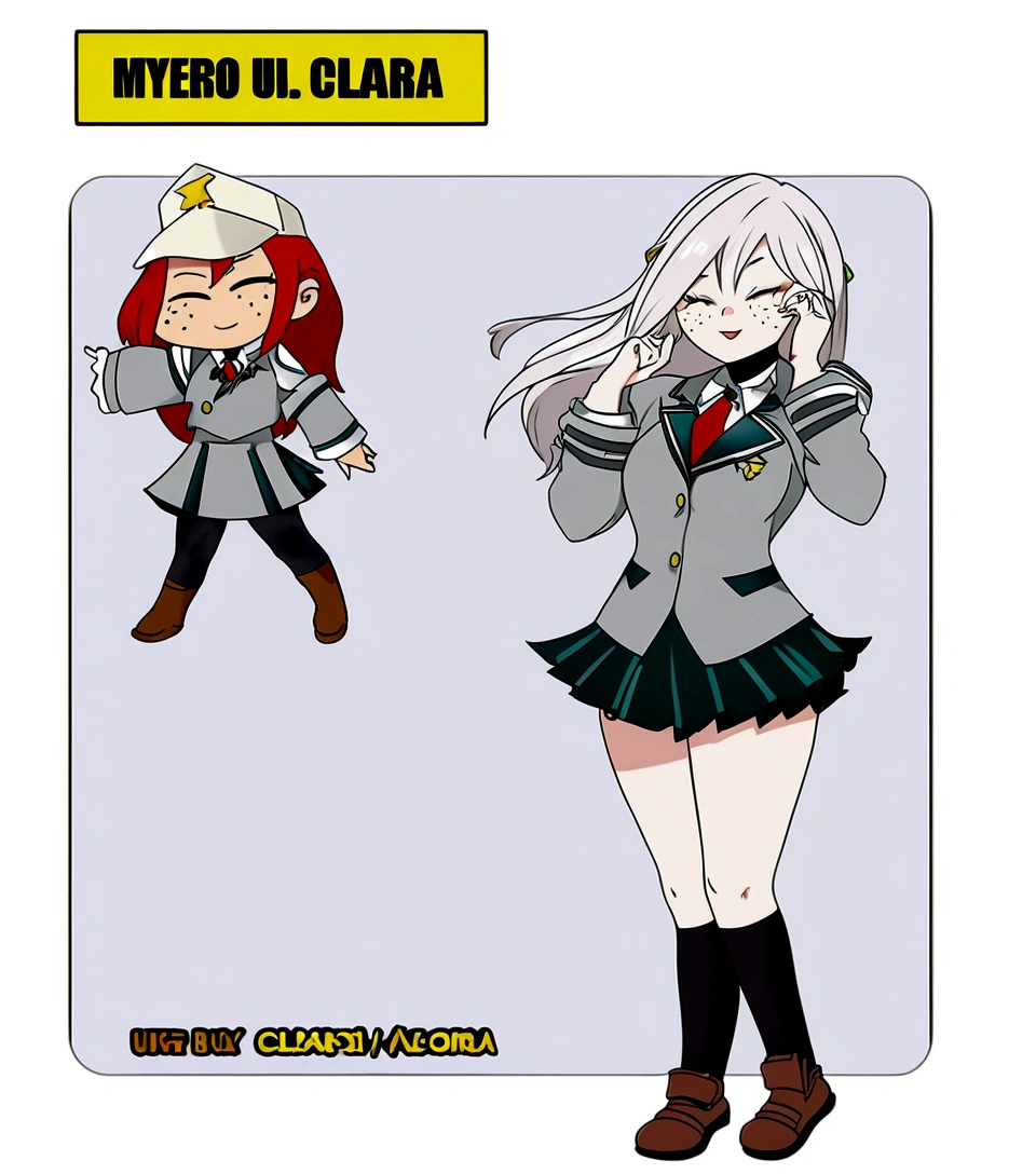 Female character design in the style of boku no hero academia. red hair girl, long, by tez clara, with freckles and dimples wearing the U uniform.A