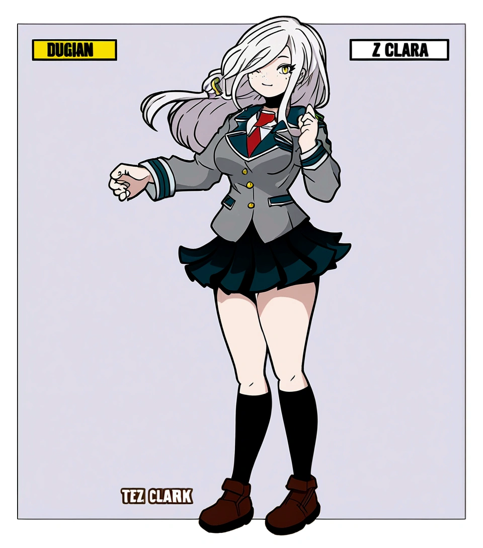 Female character design in the style of boku no hero academia. red hair girl, long, by tez clara, with freckles and dimples wearing the U uniform.A