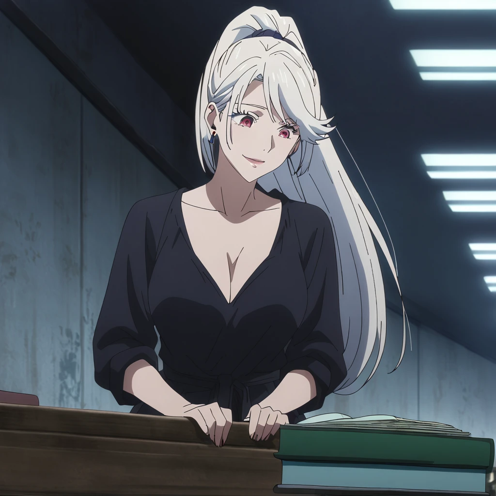 1girl, female gojo satoru, anime screencap from jujutsu kaisen, gojo satoru female version, solo, long_hair, Red eyes ((White_hair, swept bangs)), night view, (hanging breasts) upper_body, smile, indoors, book, red_eyes, lips, (high ponytail) ((wearing casual outfit)) breast, "very detailed and high resolution" (Red eyes) ((long hair)) ((solo)) (front view) (earings) ((high resolution)) ((good quality)) ((swept bangs)) ((full body)) ((she is looking down)) cleavage