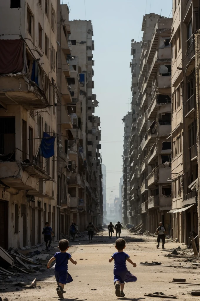 A world where the war has ended, the city is in ruins, and two children are running around playing.