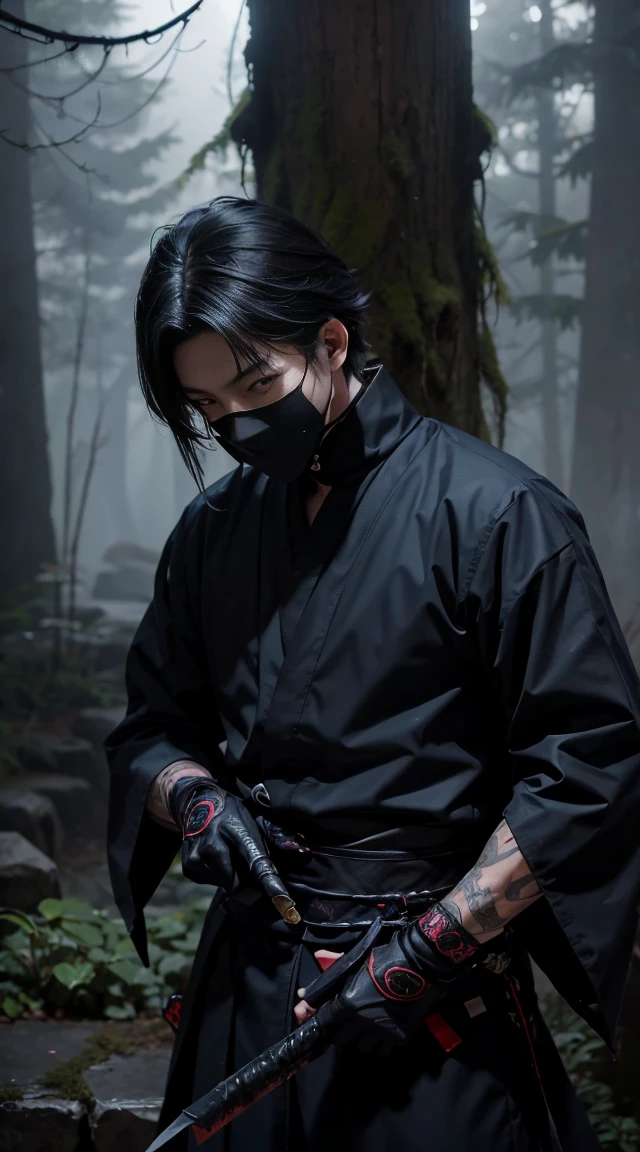 Create an image of Fuuma Kotaro, an eerie ninja with an otherworldly appearance. He should have a mysterious, shadowy form with piercing, glowing eyes. His attire should be traditional ninja garb, but with dark, supernatural enhancements. The setting should be a dark, misty forest or an ancient fortress, emphasizing his stealth and menace.