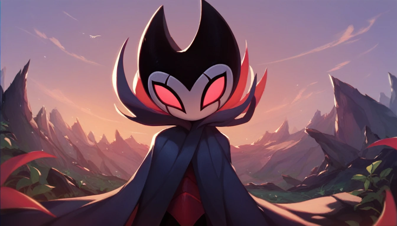 score_9, score_8_up, score_7_up, score_6_up, zPDXL2, grimm \(hollow knight\), vampire, bat, 1boy, solo, cute face, detailed eyes, landscape, outdoor, (solo portrait), (front view), clothed, highlight thighs, looking to the camera, pov, sexy pose