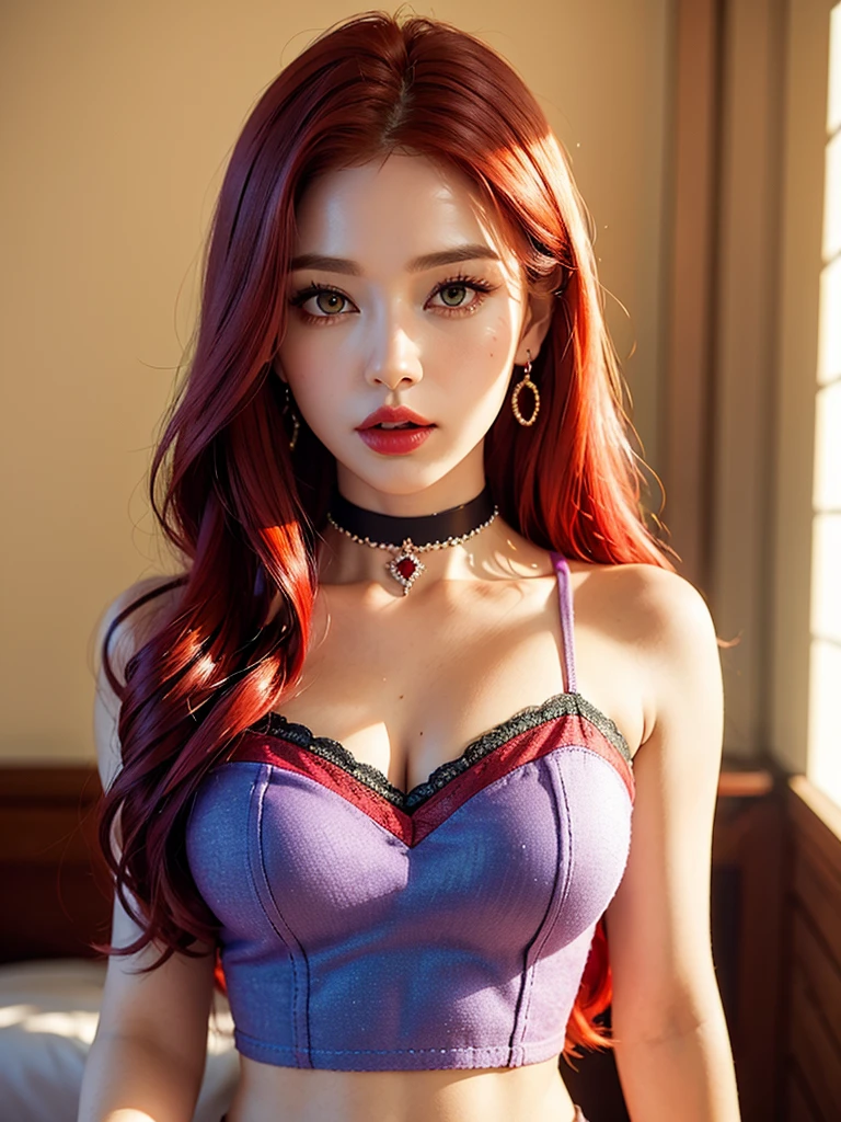  1girl, alone, solitary, high quality, (best quality,4k,8k,highres,masterpiece:1.2),ultra-detailed,(realistic,photorealistic,photo-realistic:1.37),gorgeous hair,bright red hair,long hair with bangs,sharp eyes,mole under the eye,plump lips,jewelry,(high detailed skin:1.4),(rim lighting:1.3),(lit:1.3),(sunny day:1.3),portrait,beautiful lips,waist-length hair,seductive gaze,moles,casual clothes,colorful clothing,close up,super long hair,choker necklace,bangs,fringe,dimples on the cheeks,dimples,red hair,rubyredhair,ruby red hair,black,red lips,red lipstick,round lips,round pouty lips,pouty lips,douyin makeup,sparkly makeup,blue,green,pink,purple,wine red,piercings,gems,lipstick,lip gloss,navel piercing, girl,innocent,red hair,dyed hair,cherry red hair,cherry red,cherry hair,redhead,youthful,modest,covered cleavage,delicate,pretty girl,close up,closeup,20 years old,modest cleavage,covered chest