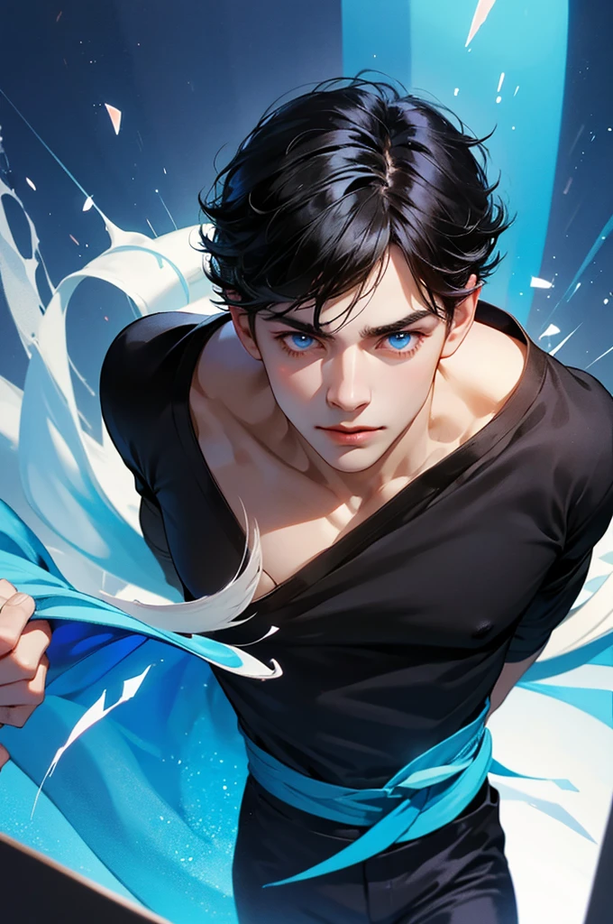 A boy in a , black hair and blue eyes very cute but also very handsome
