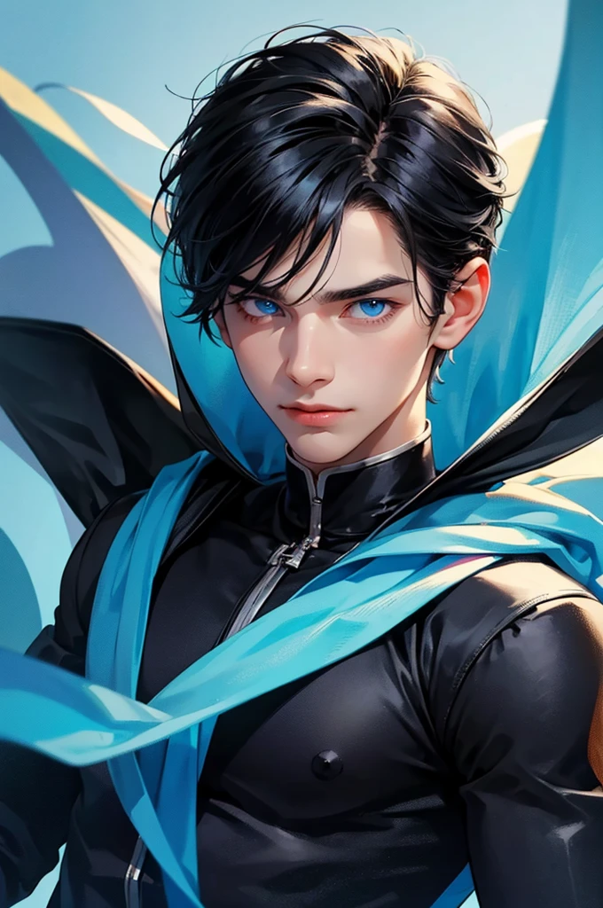 A boy in a , black hair and blue eyes very cute but also very handsome