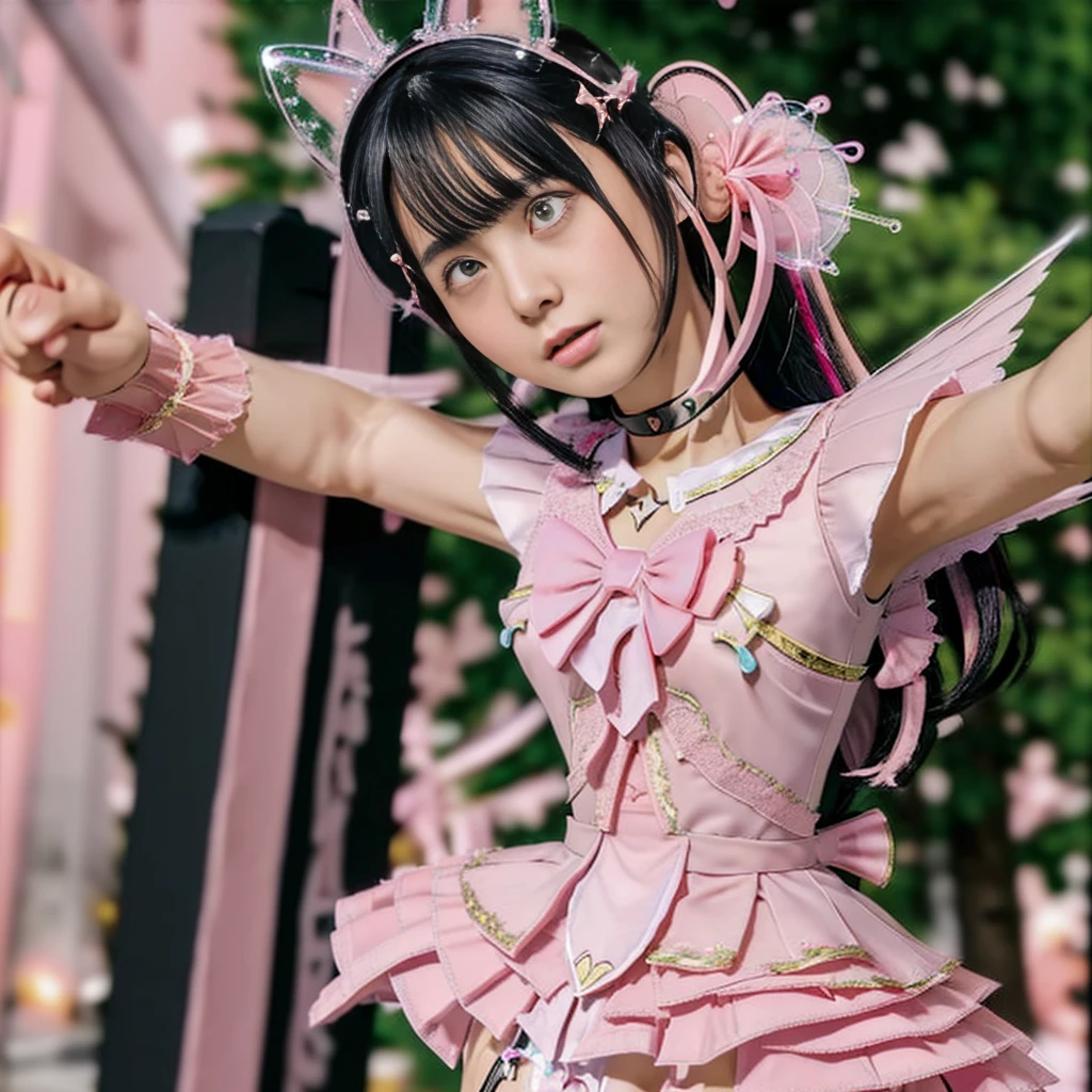 Highest quality, masterpiece, Very detailed, 8K, Beautiful 13 year old Japanese girl:1.5, Small face, blunt bangs, Black hair ponytail, ((Woman crucified on the cross:1.5, Breast Augmentation Surgery)), (Detailed pink magical girl heroine costume:1.5), remote_play, remote_Vibrate、　(climax:1.5)