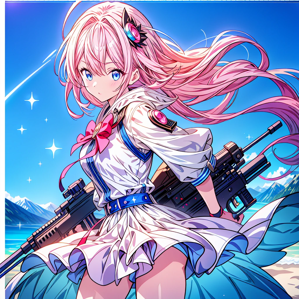 One girl、[17277fbe68],He threatened Hideo.、high quality、Maximum details、(((最high quality、masterpiece、Official Art、Best dynamic composition)))、(Thin Hair)、(Tabletop, 最high quality), Very detailed, Anime Style, whole body, Cyberpunk Girl, Gripping a high-tech rifle, Milky white and pink hair, Sparkling blue eyes, Wearing a magical girl costume , 8K high resolution, Trend Art Station, White Background, Standing in the Wilderness, whole body,