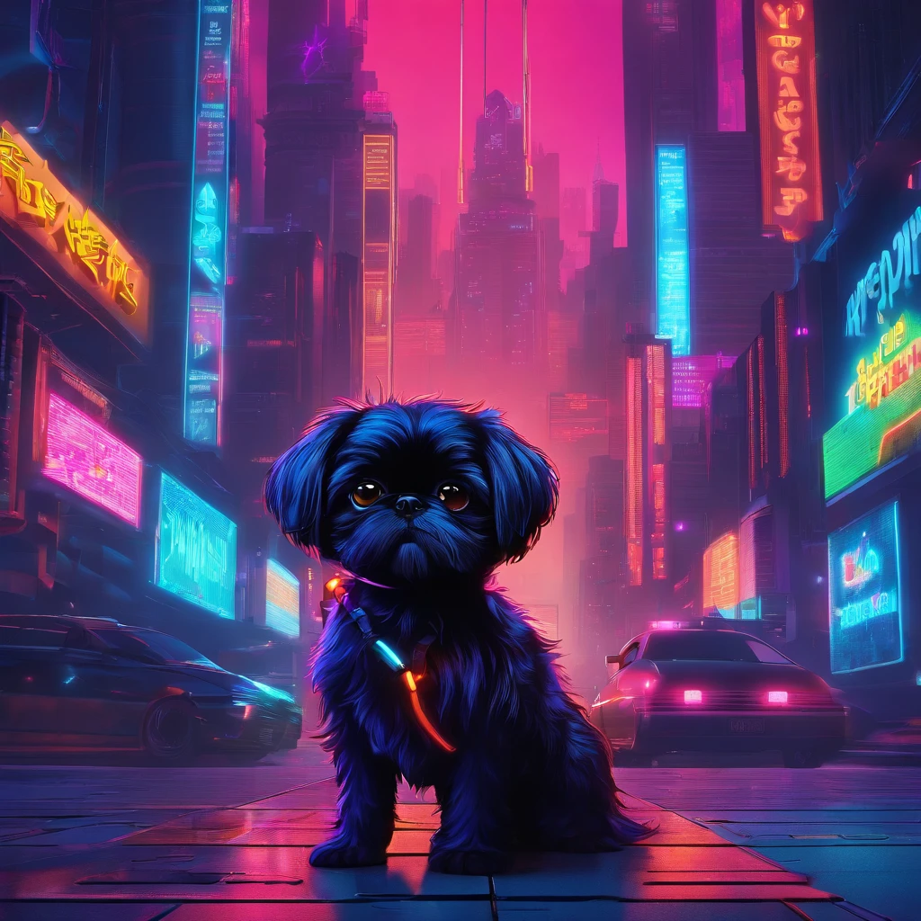 2 Adorable small black Shih Tzu puppies Pixar 3D cartoon
