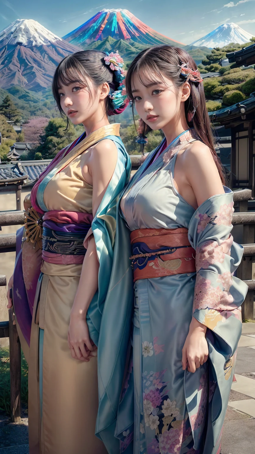 Highest quality, masterpiece, High resolution, 8K, (Realistically:1.4), 超High resolution, One girl, Super detailed, Ultra-realistic, Highly detailed CG illustrations, Official Art, Cinematic light, Realistic, Young and beautiful girl, Full POV, best quality, masterpiece, New Year,
(Kimono with strikingly beautiful colors:1.7),
Three Japanese high-school cute girls, looking straight,
gently smiling, white short scarf, white feather shawl,
(separately side by side:1.4),
(The image shows only the upper body:1.7),
shrine background, (mount Fuji:1.3),winter(season),(outdoors:1.5)