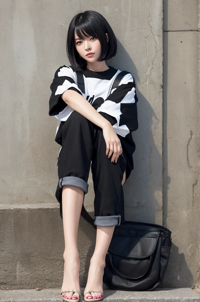 Beautiful feet、Black Bob、Pants Style、beautiful、girl