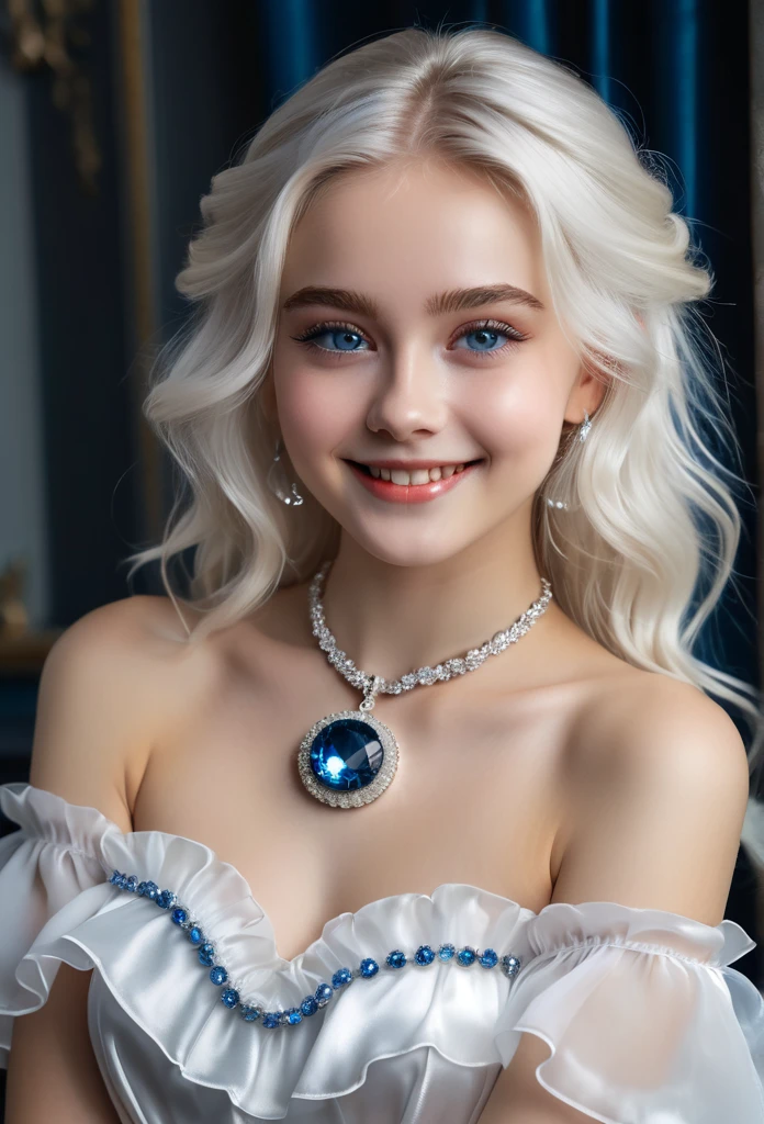 photography, high detail, realistic, masterpiece, HD best quality, perfect face.Wearing a white ruffle satin dress with puffy short chiffon white sleeves. IS A girl with A white circular pendant with blue small crystals attached to the circular  edges of the pendant is inserted in her long white hair. A long blue satin sash is around her waist. Big blue Eyes((smiling)) around her neck is a matching pendant attached to a silver glistening chain