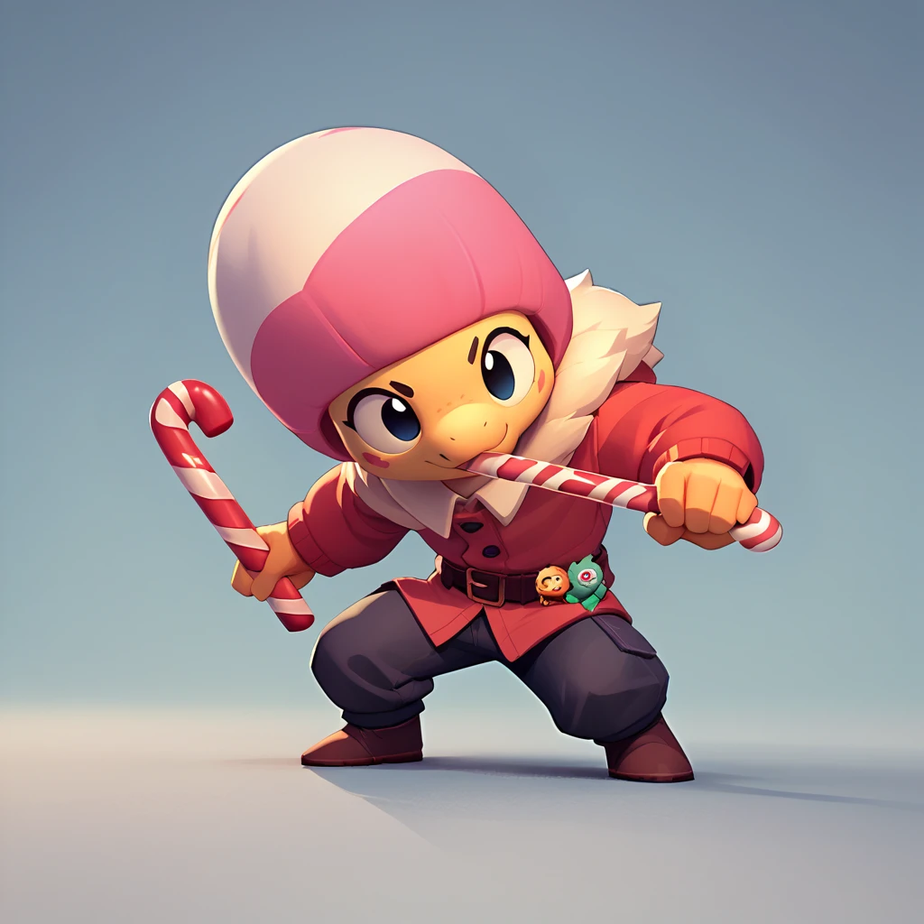 an anthropomorphic and spherical pinata creature, pink and yellow color, long arms, giant candy cane as a weapon