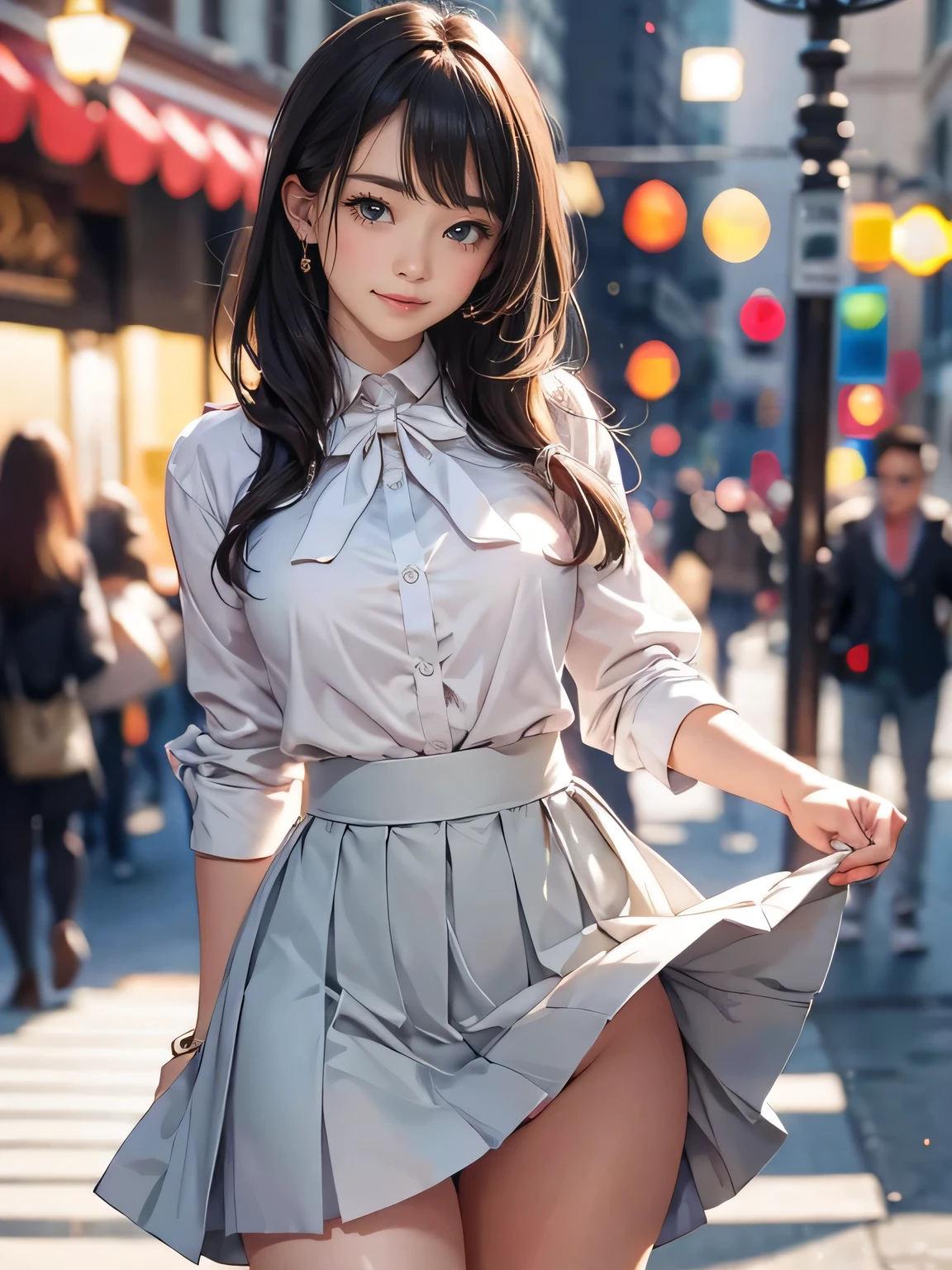 1girl, woman, beautiful, medium breasts, flirtatious look, high res, (1girl eyes looking at viewer:1.55), Plain costumes, Simple Background, Emphasis on the chest, White outfit, whole body, cute face, beautiful face, nipple, light smile, (skirt lift:1.2), skirt lift pov, constricted waist, blush, shy, panties, underwear, 25 years old woman, skirt lift, flipped my skirt, photorealistic, (bokeh), photorealistic, depth of field, best quality, anatomically correct, super detail, textured skin, UHD, 8k