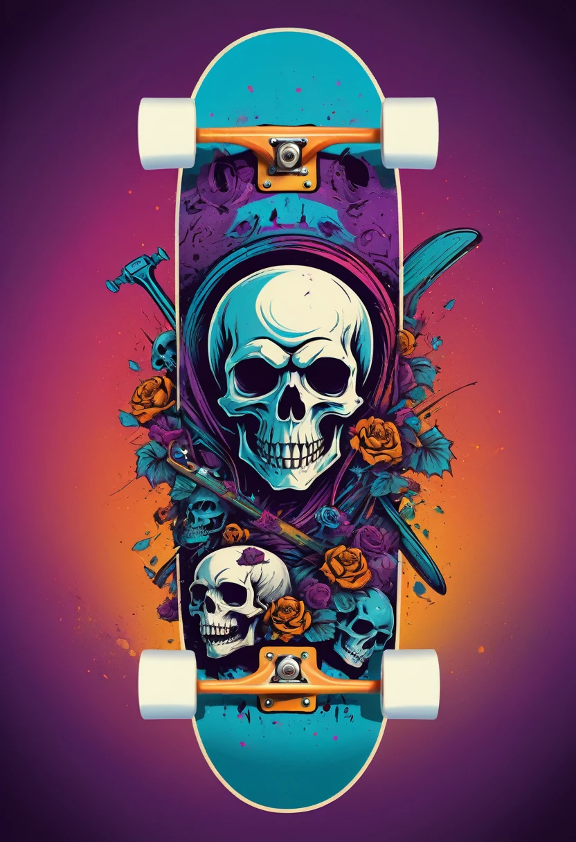 creative logo ilustration of a skateboards decorated with scary skulls , digital art style by dan mumford, marc simonetti, frank frazetta, sketch, vivid colors, high definition, negative space, logo style, T-shirt design