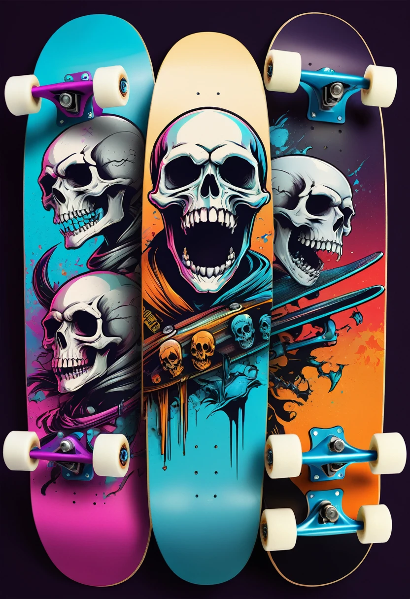 creative logo ilustration of a skateboards decorated with scary skulls , digital art style by dan mumford, marc simonetti, frank frazetta, sketch, vivid colors, high definition, negative space, logo style, T-shirt design