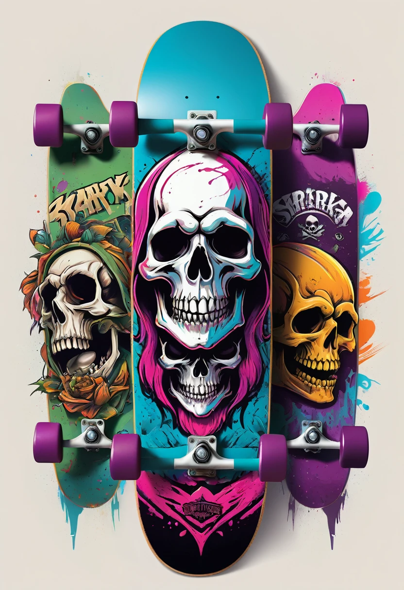 creative logo ilustration of a skateboards decorated with scary skulls , digital art style by dan mumford, marc simonetti, frank frazetta, sketch, vivid colors, high definition, negative space, logo style, T-shirt design