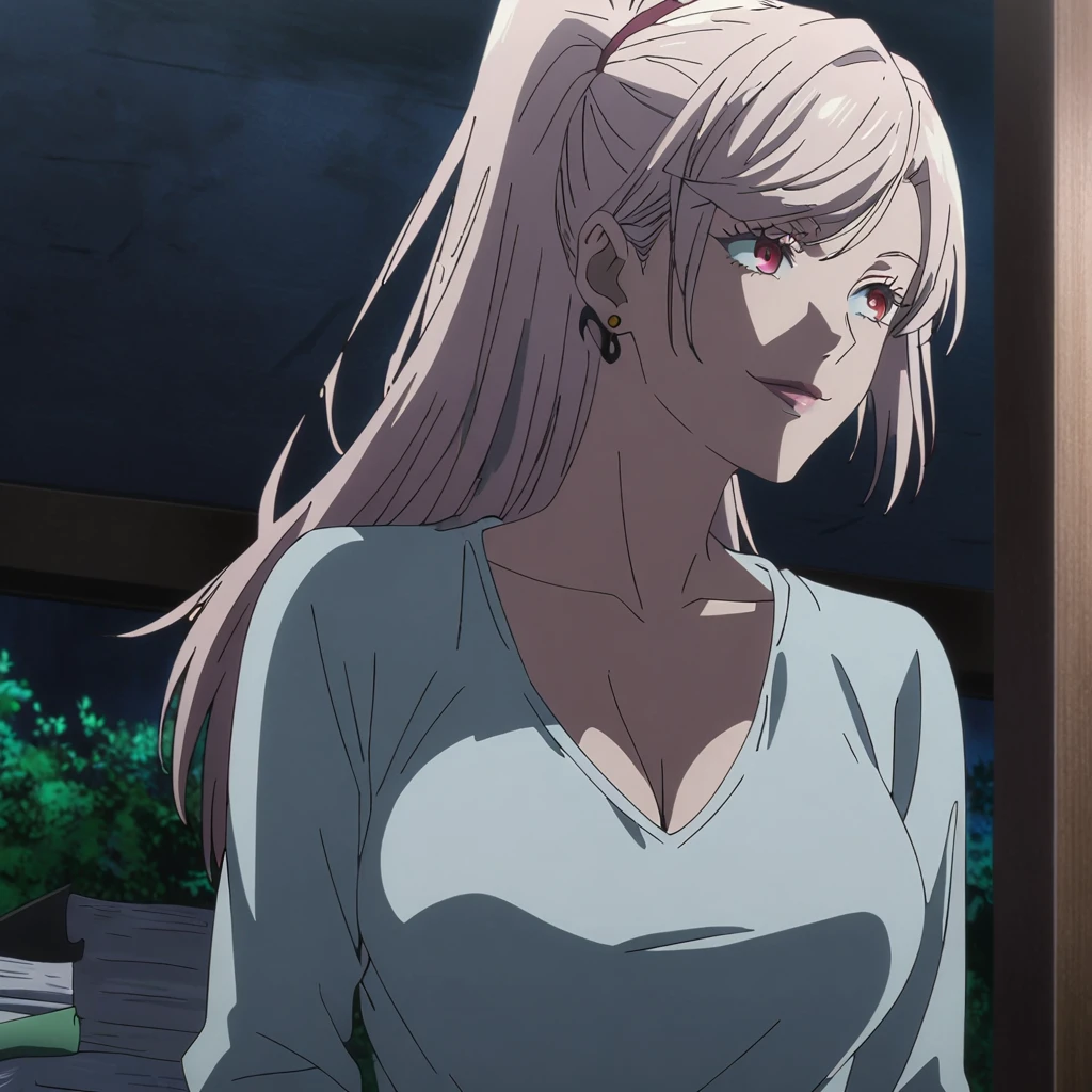 1girl, female gojo satoru, anime screencap from jujutsu kaisen, gojo satoru female version, solo, long_hair, Red eyes ((White_hair, swept bangs)), night view, (hanging breasts) upper_body, smile, indoors, book, red_eyes, lips, (high ponytail) ((wearing casual outfit)) breast, "very detailed and high resolution" (Red eyes) ((long hair)) ((solo)) (front view) (earings) ((high resolution)) ((good quality)) ((swept bangs))cleavage