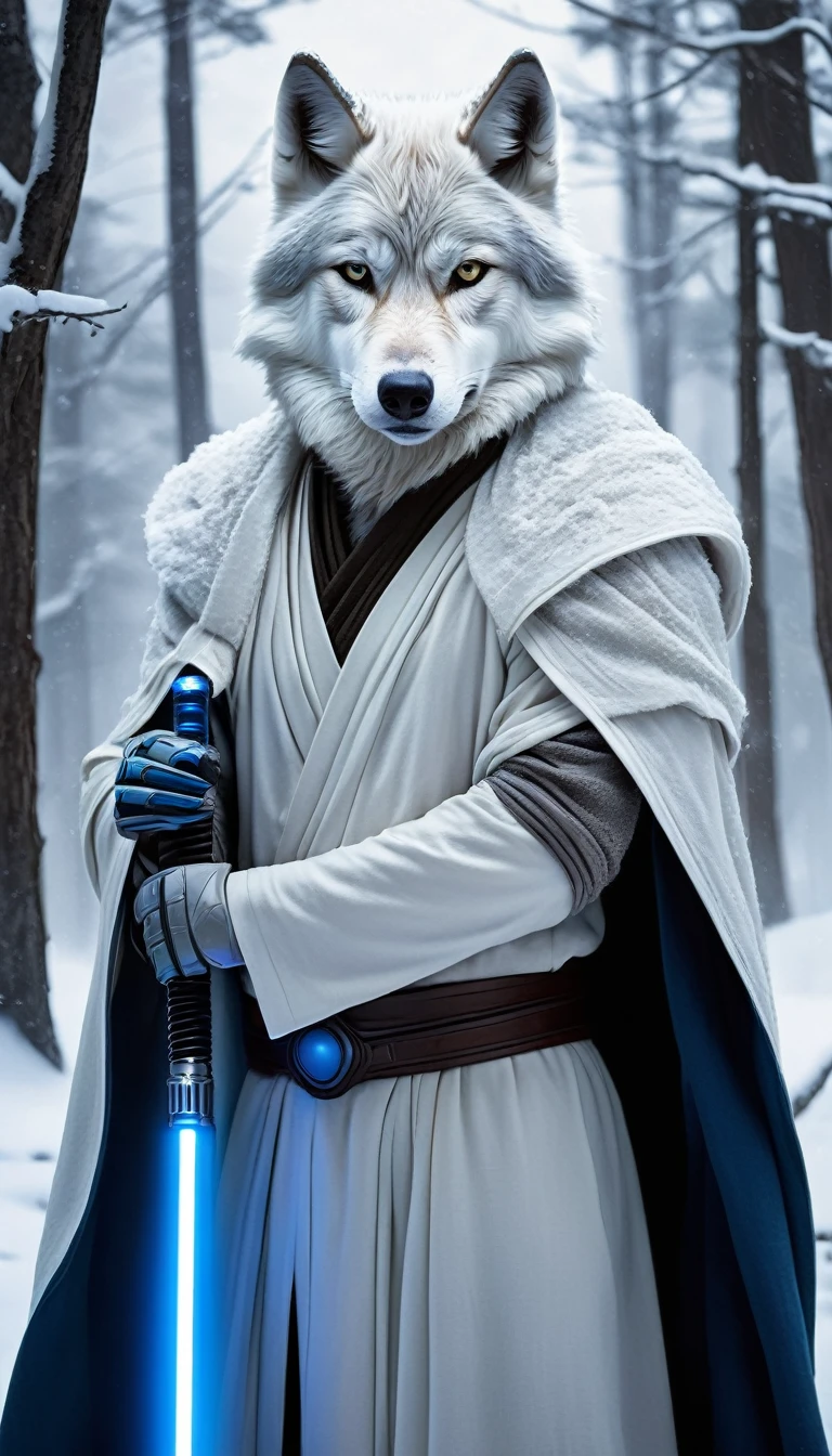 A striking white wolf-human hybrid Jedi Knight, standing proudly in the heart of a serene snowy forest. The creature's fur, a mix of stark white and deep, shadowy blues, blends almost seamlessly with the frosty backdrop. Its piercing yellow eyes, framed by a fur-covered visage, reveal a keen intelligence and unyielding determination. The wolf's features are prominent in its elongated snout, pointed ears, and powerful, fur-covered body, while its hands and feet are adorned with sleek, black gauntlets and boots, hinting at its dual nature. The Jedi's human side is evident in the flowing, white and blue robes that are reminiscent of traditional Jedi attire, yet tailored to allow for the creature's animalistic movements. A blue lightsaber, a beacon of hope in the wintery scene, is firmly gripped in its right hand, the blade emitting a warm, vibrant light that contrasts with the cold surroundings. The left hand is outstretched, palm open, as if inviting peace or preparing to unleash the power of the Force. The snowfall is gentle, each flake glowing with a soft light as they melt upon the Jedi's fur and robes. The forest itself is a tableau of monochromatic beauty, with tall, bare trees reaching skyward, their branches adorned with a delicate layer of fresh snow. The ground beneath the hybrid's feet is a canvas of untouched white, leading the viewer's gaze to the distant horizon where the faint outline of an ancient, snow-covered Jedi temple can be seen. The overall atmosphere is one of tranquility, yet the tension in the creature's stance suggests a readiness for battle, a silent guardian of the galaxy's balance in this frozen wilderness.