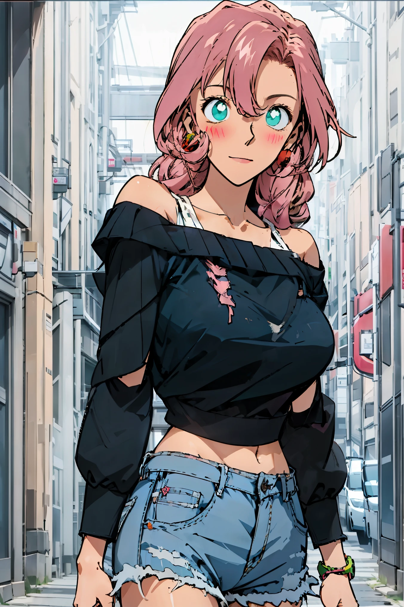 （（best quality，8K，masterpiece：1.4））， Pink Hair，Long braid on one side， External，（ Bare lower breasts，Plain white off-the-shoulder extra-short top），Huge breasts，tight ripped denim shorts， Green Eyes