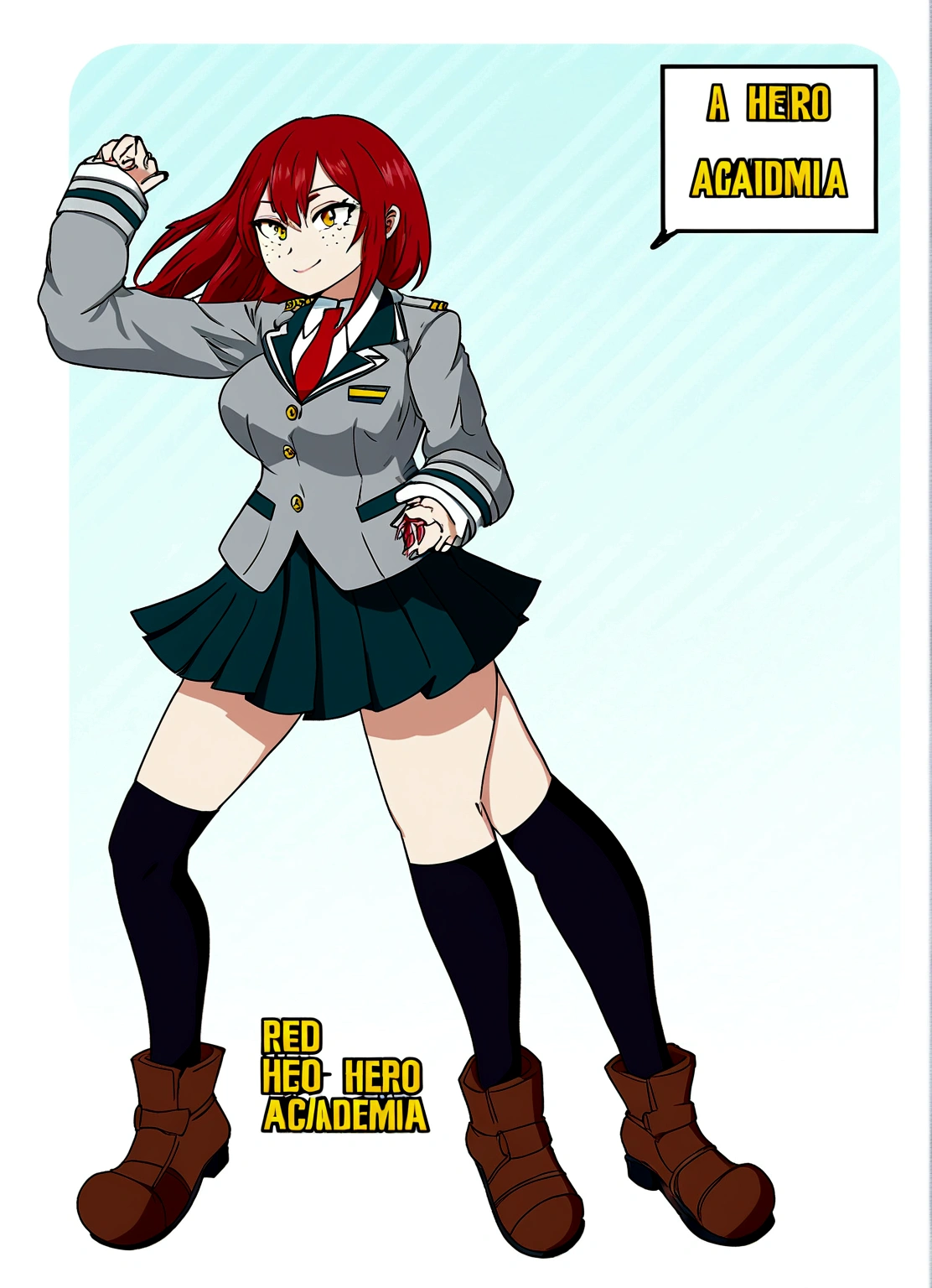 Female character design in the style of boku no hero academia. red hair girl, long, by tez clara, with freckles and dimples wearing the U uniform.A