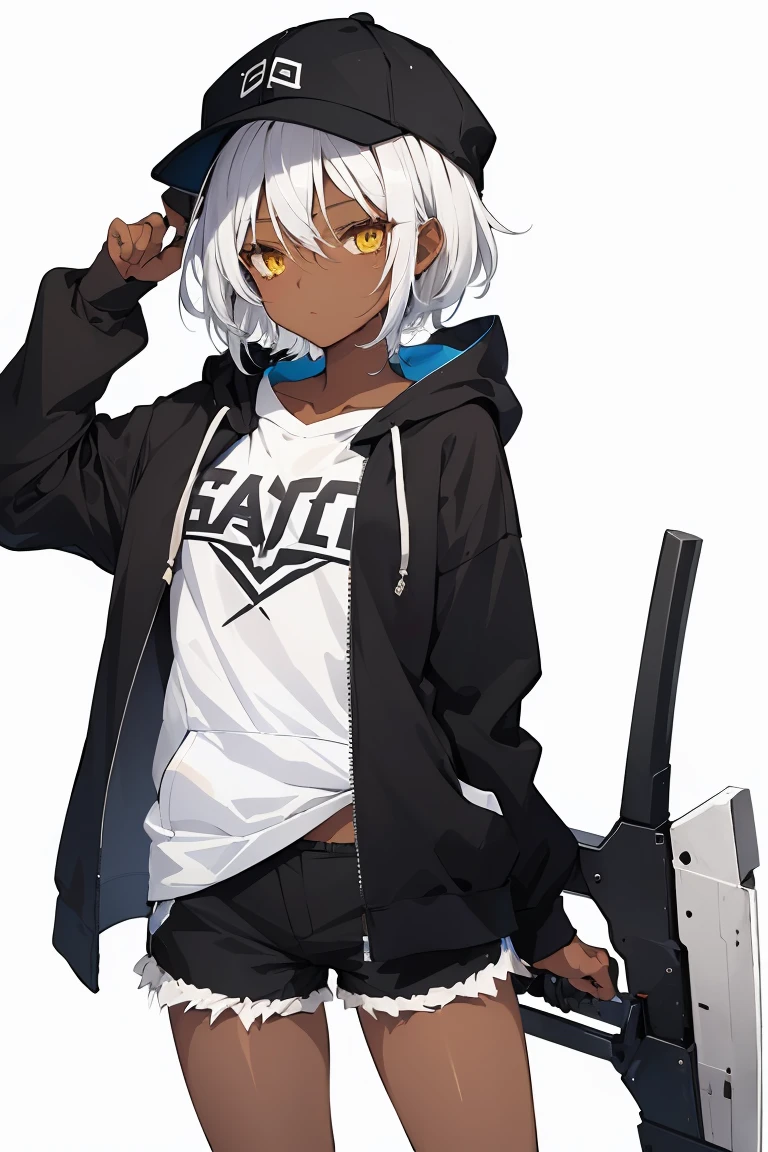 1girl, tomboy, hat, pixie cut, dark skin female, flat chest, shirt, hoodie, shorts, white hair, yellow eyes