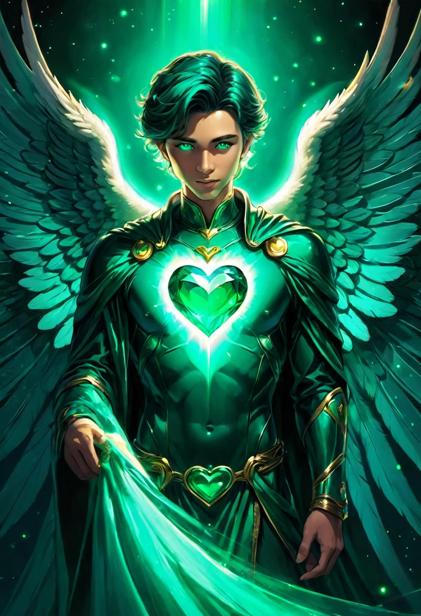Beautiful male angel with glowing emerald green heart, turquoise color gradient, intense light, perfect lighting, outer space