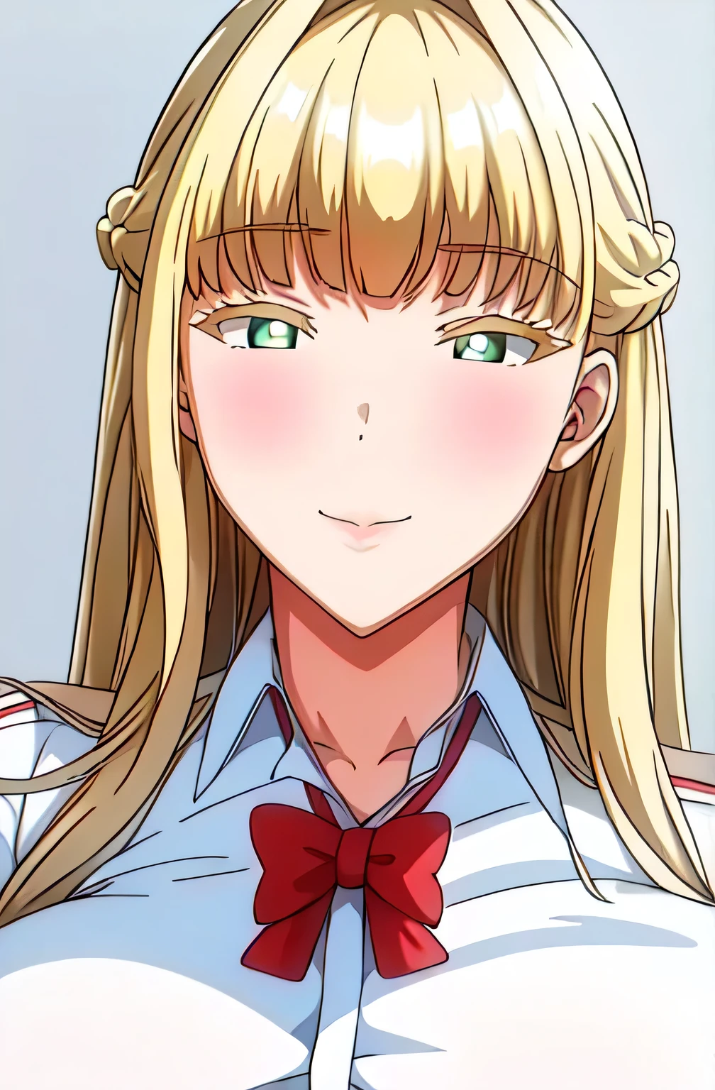 Simple White Background, school_uniform,White collared shirt, pleated skirt, red_bowtie, Hair hair ribbon, blonde hair ,green eyes,bangs,Long_hair,braided bun,braid, 1 girl, 20yo,Young female,Beautiful Finger,Beautiful long legs,Beautiful body, Beautiful Nose,Beautiful character design, perfect eyes, perfect face,expressive eyes,perfect balance, looking at viewer,(Focus on her face),closed mouth, (innocent_big_eyes:1.0),(Light_Smile:0.3), official art,extremely detailed CG unity 8k wallpaper, perfect lighting,Colorful, Bright_Front_face_Lighting,White skin, (masterpiece:1.0),(best_quality:1.0), ultra high res,4K,ultra-detailed, photography, 8K, HDR, highres, absurdres:1.2, Kodak portra 400, film grain, blurry background, bokeh:1.2, lens flare, (vibrant_color:1.2),professional photograph, (Beautiful,large_Breasts:1.4), (beautiful_face:1.5),(narrow_waist),, full body, bra, ipen clothes, creampie