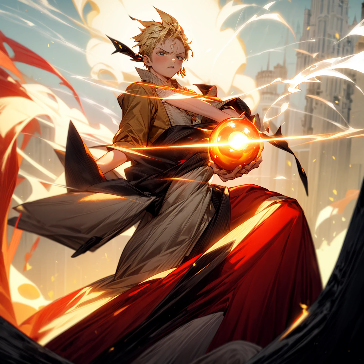 1boy, Full body version, 1character, gray eyes color, angry eyes, eyeliner, reddish white skin, classic taper haircut, downturned eyes type, blonde colour hair, Ancient greek nobility clothing style, darkgreen color clothing, necklaces, bandage on hand, Grassroots background in castle, motion blur, battle gesture, battle background in castle, golden fireball in hand, golden fireball, golden fireball light glare, damage, fire, smoke, fire silhouette light