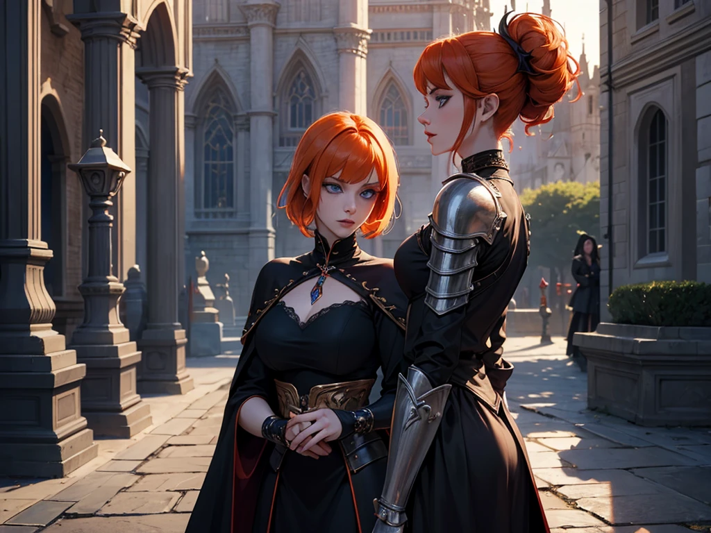 A beautiful and wonderful vampire woman, extremely detailed, short orange hair, wearing extremely detailed gothic armor, blue eyes in medieval public square, palace, crepúsculo, 8k, linda, sacerdotisa, crepúsculo, entardecer, vampira.