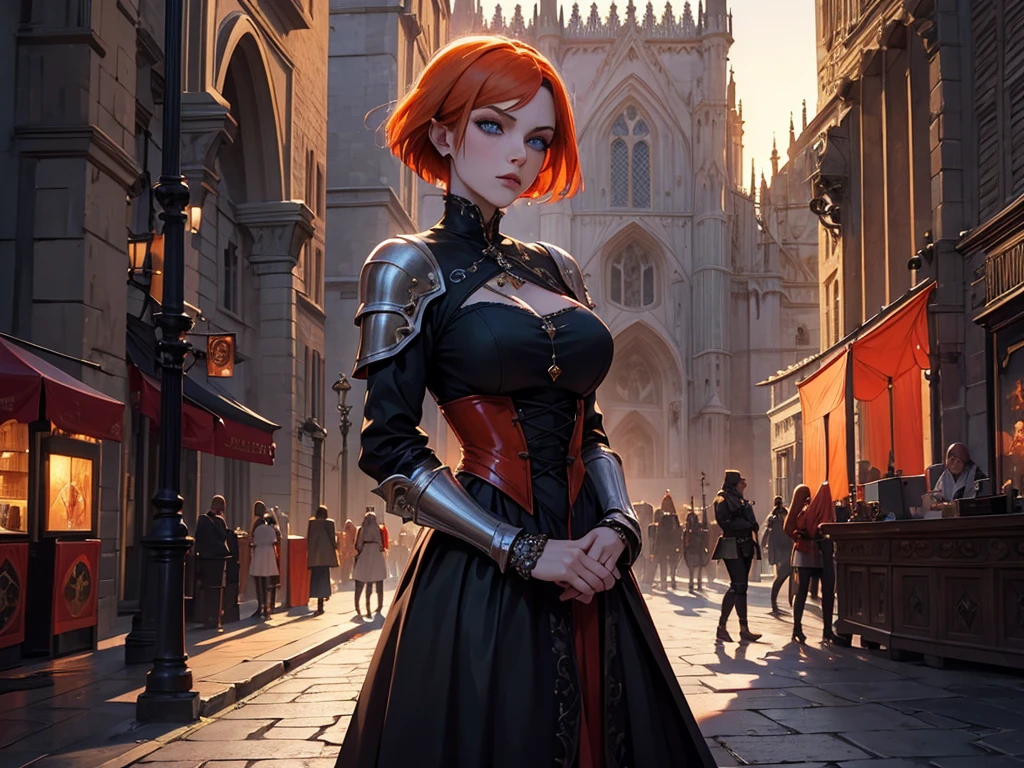 A beautiful and wonderful vampire woman, extremely detailed, short orange hair, wearing extremely detailed gothic armor, blue eyes in medieval public square, palace, crepúsculo, 8k, linda, sacerdotisa, crepúsculo, entardecer, vampira.