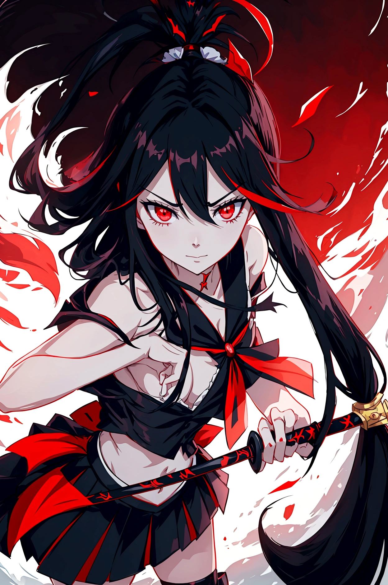a woman with long black hair and a red shirt holding a sword, gapmoe yandere grimdark, female action anime girl, gapmoe yandere, attractive matoi ryuko, badass anime 8 k, yandere. tall, ryuko matoi, demon anime girl, yandere, katana zero, portrait gapmoe yandere grimdark, gothic maiden anime girl