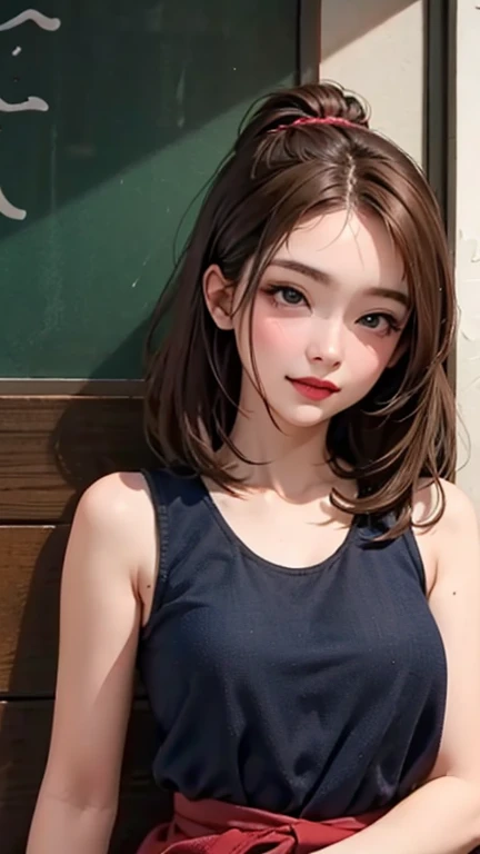 blush a little and smile, (Top quality masterpiece:1.2) Delicate illustrations, Very detailed, /Beautiful Japanese Women、1 person,Very cute and slim、Great style 、((8K images、super high quality))、Very delicate face, Skin and Hair、beautifule forehead、Red lipstick、(((((Mid-length hair、Light brown hair、lure))))),Very cute Japanese cut face、Eyes and nose are clearly visible、Kind eyes,((((Sleeveless fashion))))