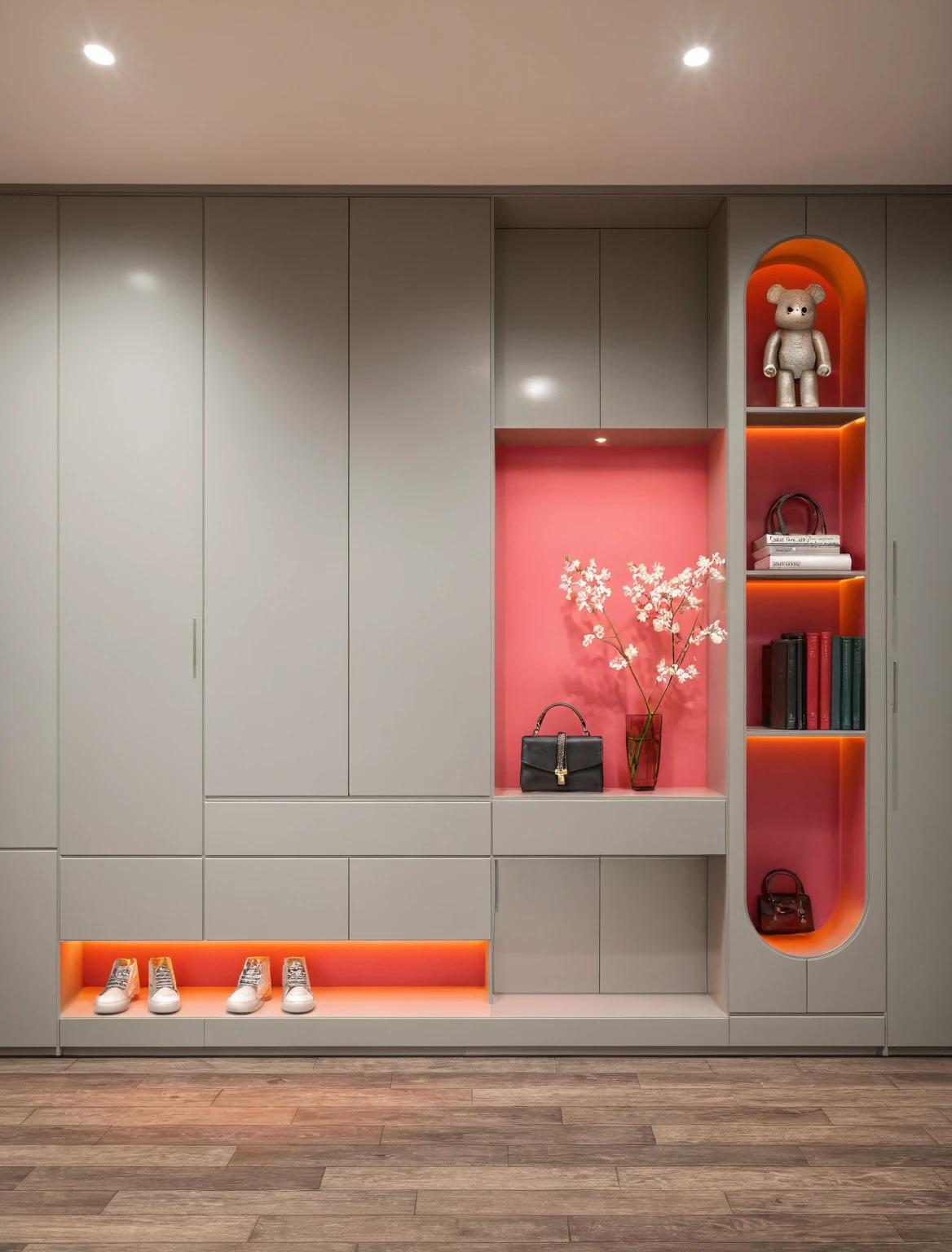 Raw photo,Masterpiece, high quality, best quality, authentic, super detail, interior, shoes Cabinet style modern luxury, decorative cabinets, flower vases, decorations, books, wooden floor, handbags, shoes, bearbrick, (daylight:1.1), vivid colour, (realistic:1.2), ((black and pink Gray))