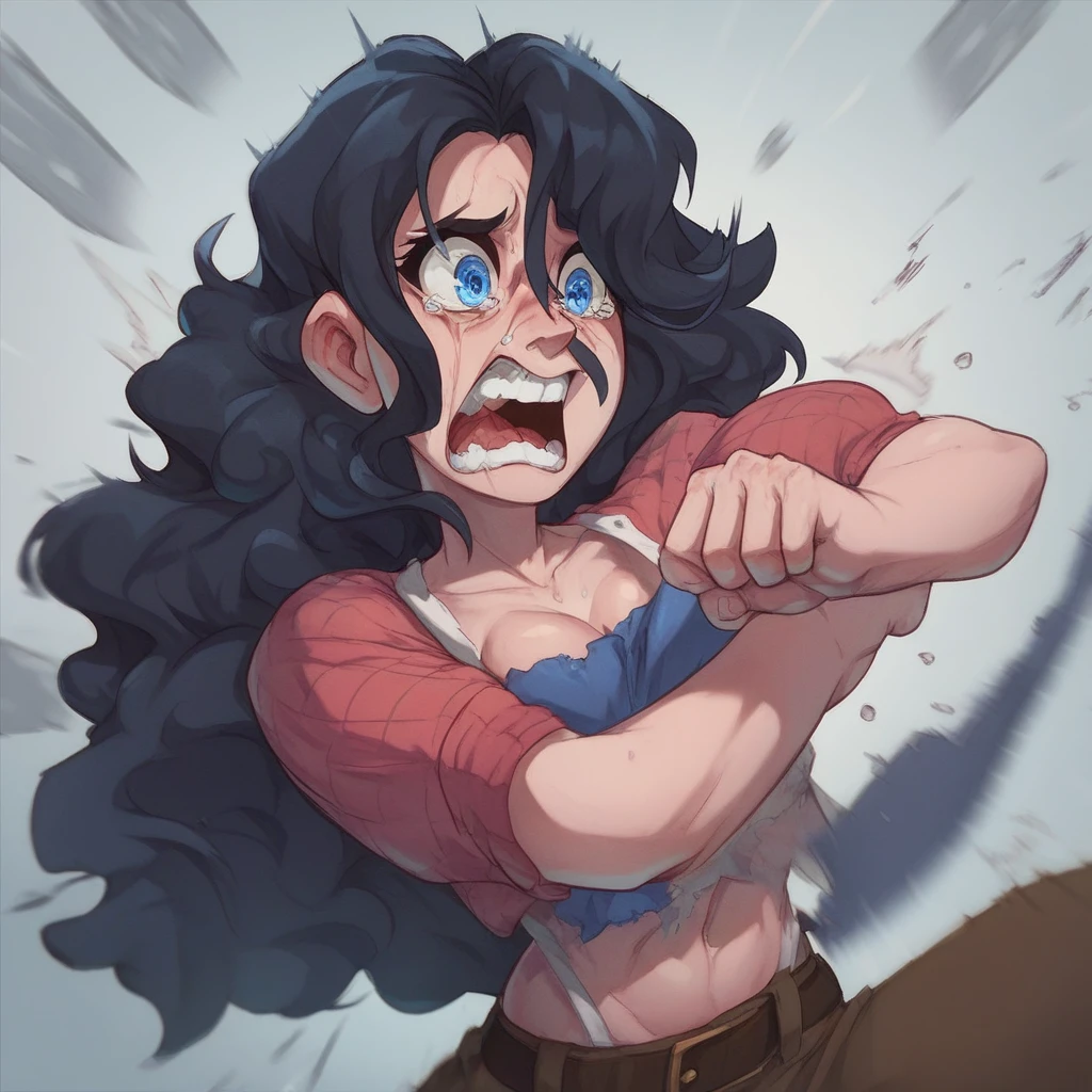 Ralph Bakshi Style, Curvy blue eyed girl with long wavy black hair and small breasts, (scared):3.0, punched in the face, abused