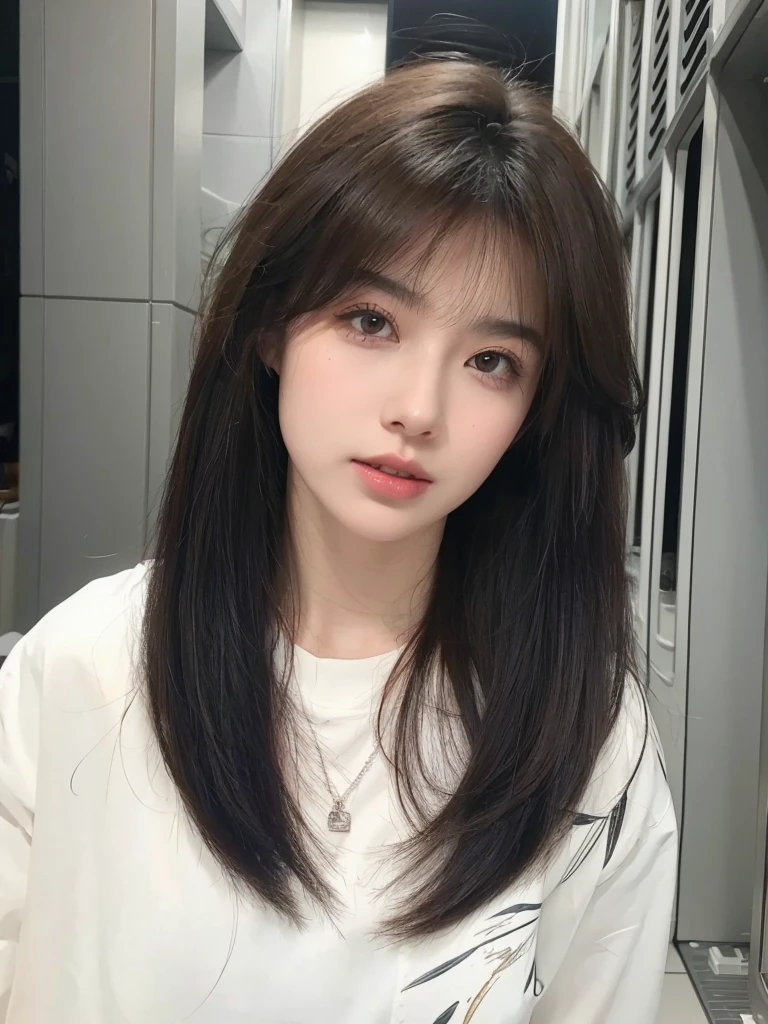 Long straight cold brown hair,Natural and beautiful air bangs,Natural and beautiful hair,The background is simple and atmospheric