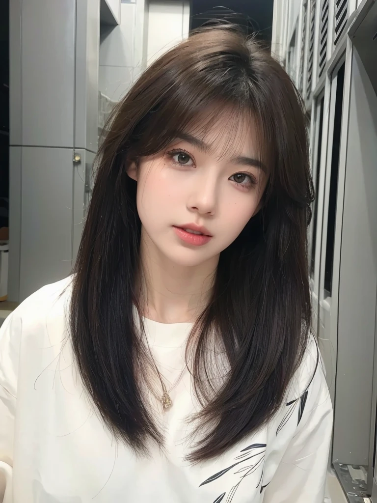 Long straight cold brown hair,Natural and beautiful air bangs,Natural and beautiful hair,The background is simple and atmospheric
