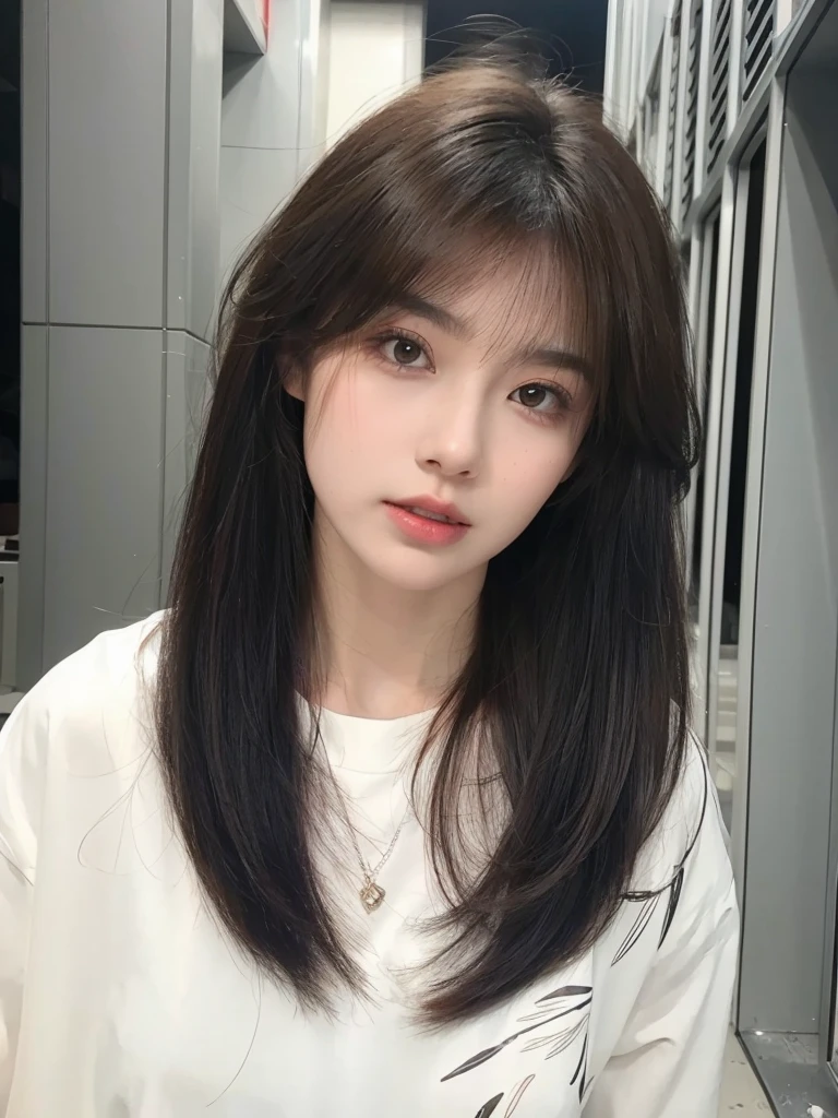 Long straight cold brown hair,Natural and beautiful air bangs,Natural and beautiful hair,The background is simple and atmospheric
