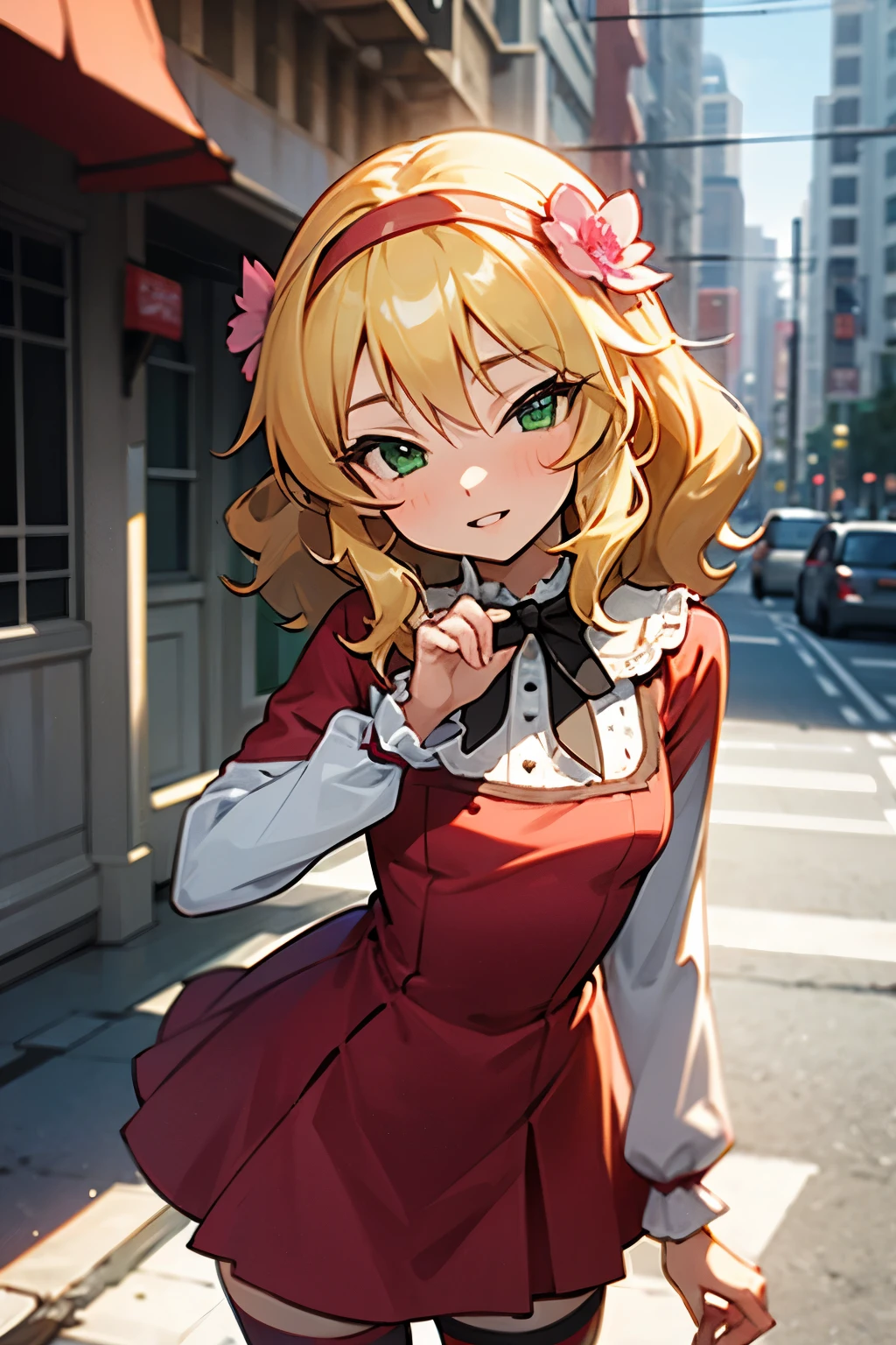 masterpiece,best quality, ultra-detailed,1girl(sakurai momoka, lovely small breasts, wavy hair,blonde hair, headband, pink flower in hair,green eyes), a bright face,  light smile, parted lips, nose blush, blush, facing viewer , looking at viewer, head tilt, solo, red dress,long sleeves,striped thighhighs, outdoor,  street, standing