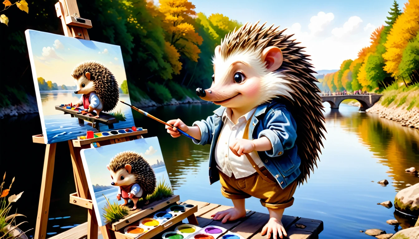 (photography style), anthropomorphic,
cute hedgehog, in casual clothing, painted by the river, setting up an easel and canvas, using paints, and focusing intently on the artwork,
2D, colorful, warm atmosphere, glossy, Jean-Baptiste Monge style, Alan Lee style