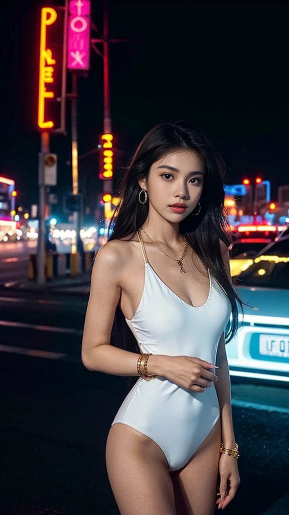 one girl,Beutiful women, In the neon city,At night,Wearing a white swimsuit,long hair, wear a golden necklace,Wear silver earrings,Wear a gold bangle