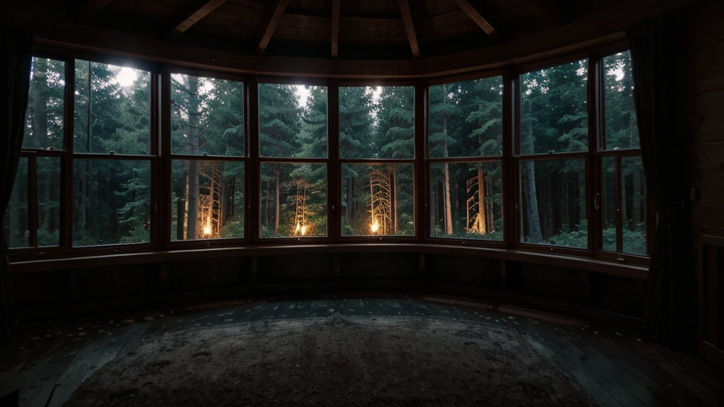 a room in the forest have a big window in the night .