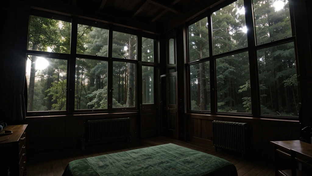 a room in the forest have a big window in the night .
