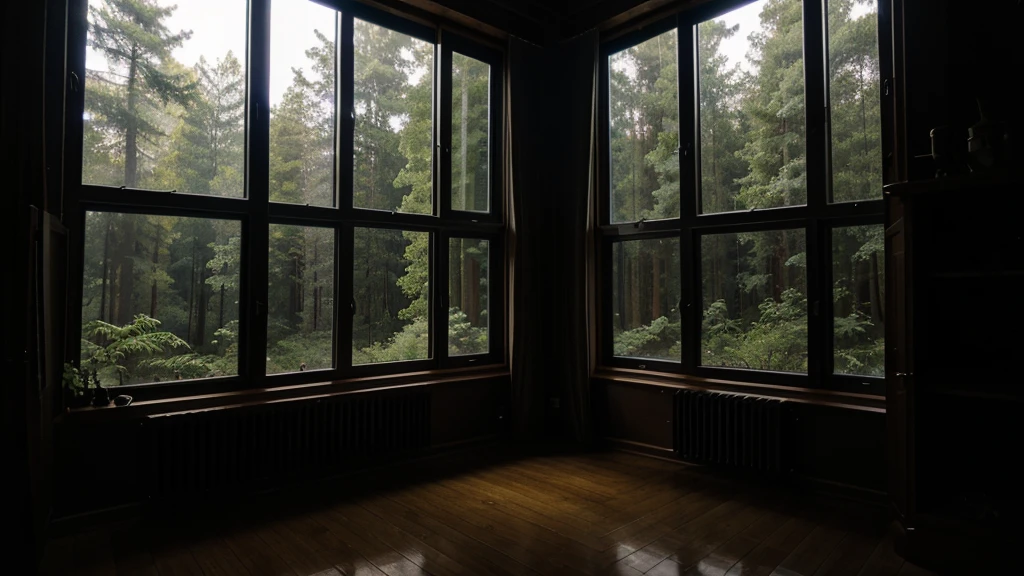 a room in the forest have a big window in the night .