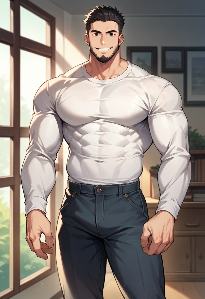 score_9, score_8_up, score_7_up, score_6_up, 1boy, straight hair, short hair, black hair, black eyes, beard, muscular, shirt, long sleeves, pants, indoors, standing, looking at viewer, smile