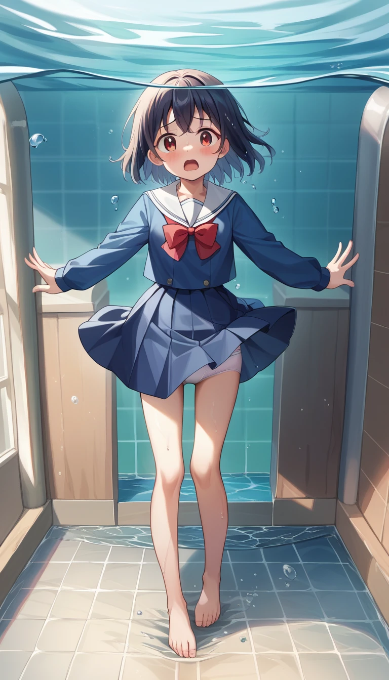 score_9, score_8_up, score_7_up, source_アニメ, masterpiece, 1girl, work, blue dress, white sailor collar, red bowtie, white long sleeves, full body, looking at viewer, indoors, open mouth, Water Play, Primary school students、Skirt fully open、Long wide skirt、cute、(White underwear)、blush、Watery eye、Lots of water、Wet、((The skirt spreads over the water surface.))、(Drowning)、Underwater Shot Of The Swimming pool