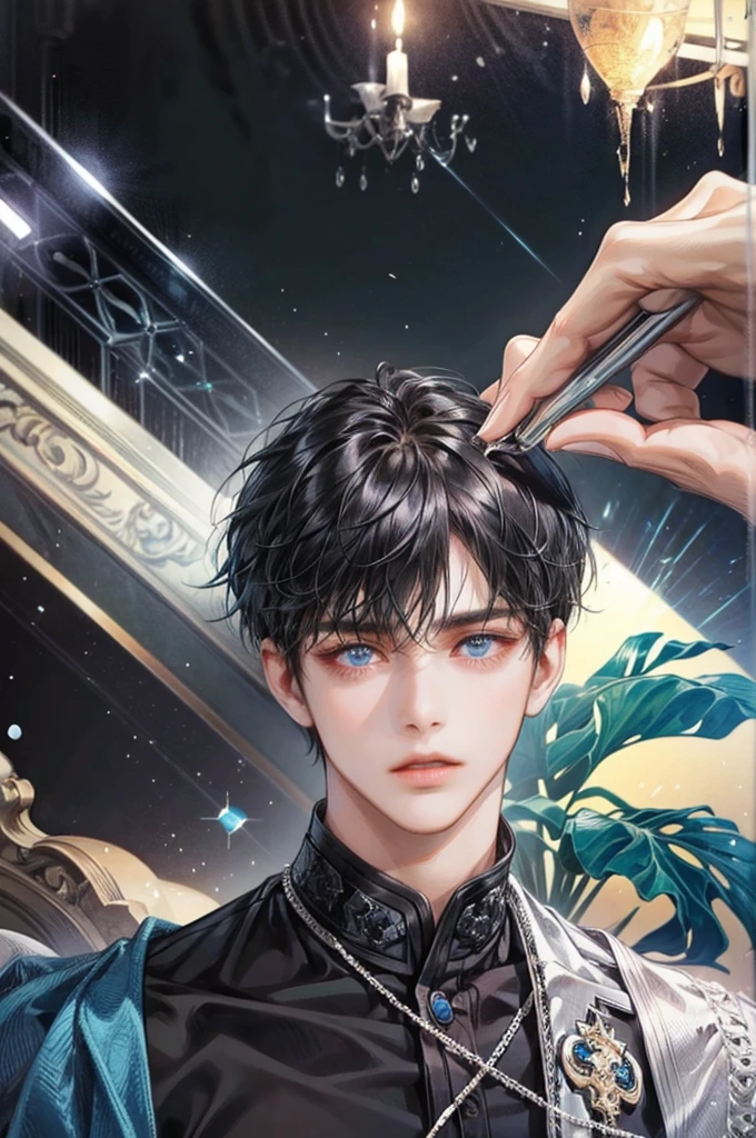 A boy in a , black hair with bangs and blue eyes very cute and handsome
