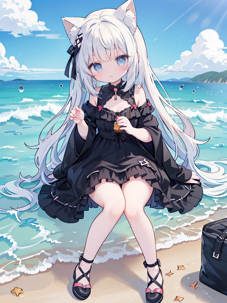 Wearing a black dress on the beach、Long white hair、Anime girl in black shoes, very beautiful anime cat girl, , beautiful anime cat girl, at the beach, cute anime cat girl, Sitting beautiful anime girl wariza, At the beach, seductive anime girl, on the beach, anime cat girl, Anime cute art style, anime girl sitting，，，hands between thighs